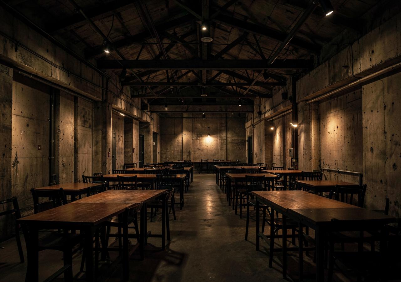 Sala restauracji w dawnej hali fabrycznej, betonowe ściany