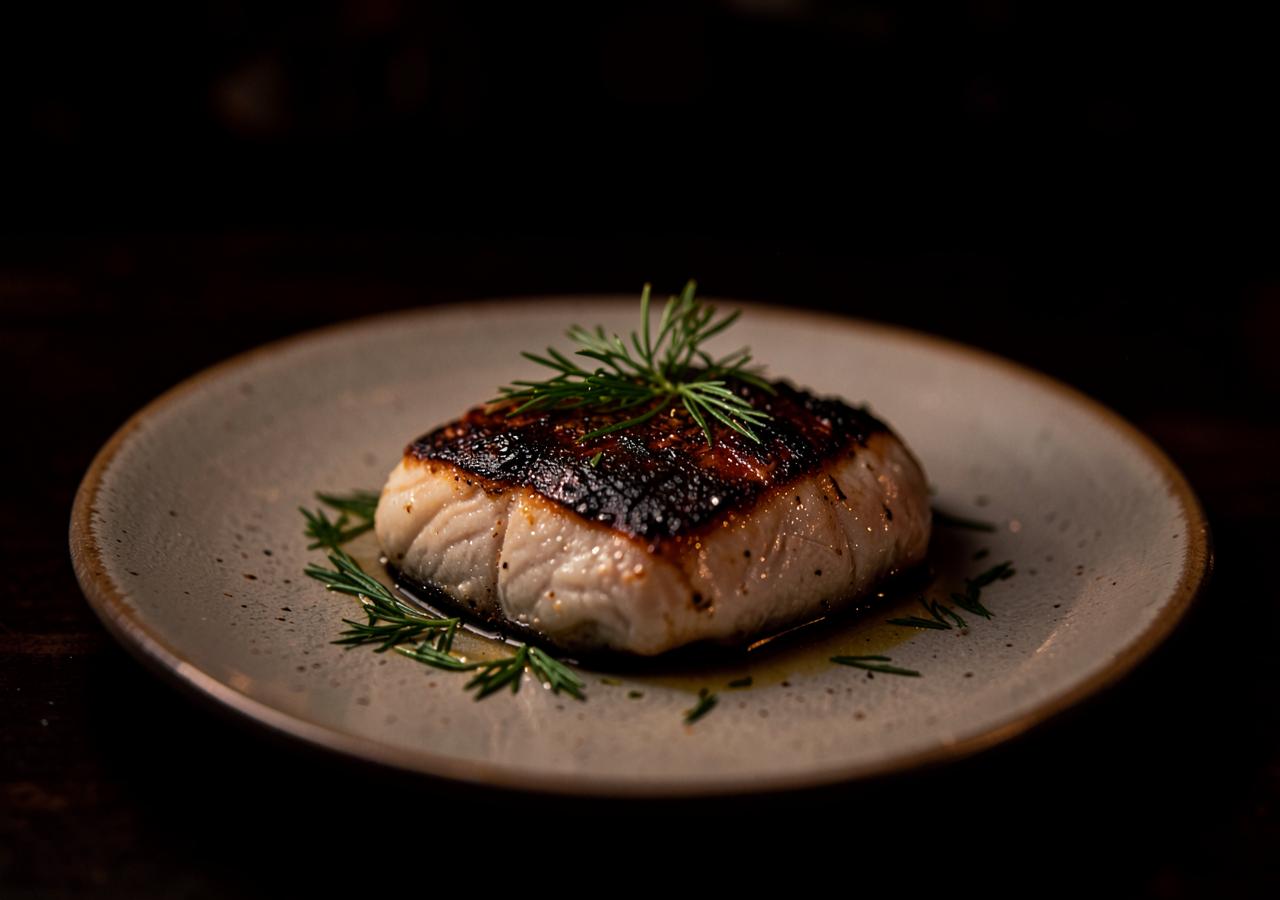 Halibut wędzony z koprem na talerzu